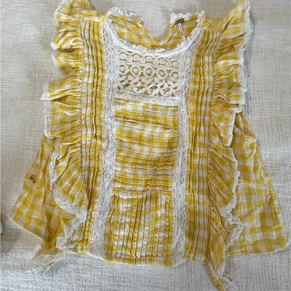 Free People Yellow Gingham Lace-Trim Top and Shorts Set